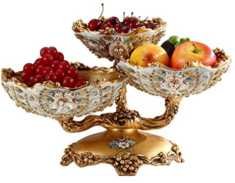 Frutero grande dorado de resina retro | Hermoso plato decorativo de postre de nueces | El mejor regalo para cocina, hogar, oficina, encimera | 3 niveles,