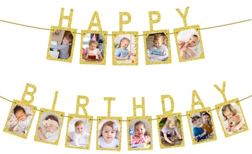 Happy Birthday Photo Banner, Glitter Kraft Card Paper Photo Banner Album Photo Birthday Bunting Happy Birthday Bunting for Kids and Adults Birthday Party Decoration (Gold)