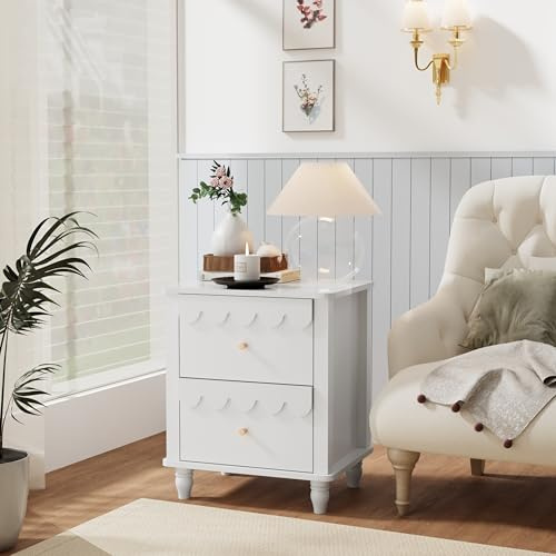 UEV Nachttisch 2er Set Boxspringbett Nachtschrank mit 2 Schubladen Nachtkommode Holz, Elegantes Design mit Wellenlinien Goldenen Griffen für Kinderzimmer Schlafzimmer Wohnzimmer 50x40x60cm Weiß