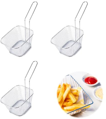 Frying Basket,Piccolo Cestino Friggitrice in Acciaio Inox Mini,Cestino per Patatine Fritte con Manico,Cestello Friggitrice,Cestino per Snack,Ideale per Patatine Fritte,Gamberetti,Argento,3 Pezzi