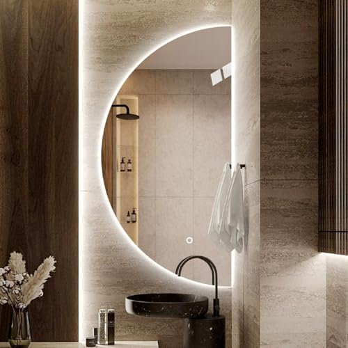 Mirocrafta Specchio da Bagno a Mezzaluna, Specchio da Parete con Illuminazione a LED Intelligente, Moderno Specchio Cosmetico Anti-nebbia, 3 Colori Dimmerabile, Antideflagrante, Facile da Installare(R