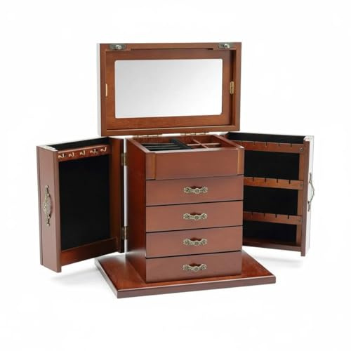 KiwiHood Vintage Holz-Schmuckkästchen mit 4 Schubladen, Elegante Schmuckorganizer-Box Retro Praktische Schmuckdose mit Spiegel für Halsketten, Ringe, Ohrringe & Uhren