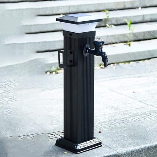 Snaweo Columna de Agua para jardín con luz Solar LED, de aleación de Aluminio, Vertical, con Grifo Independiente anticongelante y Poste para Manguera.(Black A)
