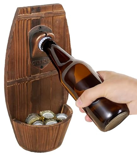 MeYuxg Bieröffner Wand,Vintage Hölzerner Wandmontierter Bierfass Fass Flaschenöffner, Wandflaschenöffner mit Auffangbehälter,Geschenk für Männer und Bierliebhaber,Bar Party Küche Deko(bieröffner B)