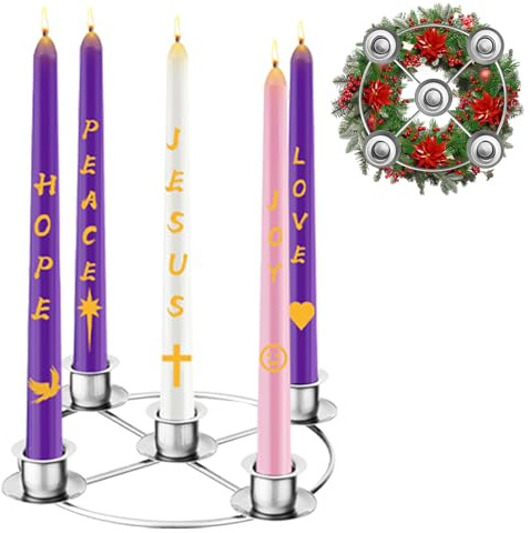 Advent Wreath Candle Holder, Christmas Candle Holder Advent Rings Candle Holder for Tapered Advent Candles, Advent Decorations for Christmas Advent Festival Home Party Church, Silver(No Candles)