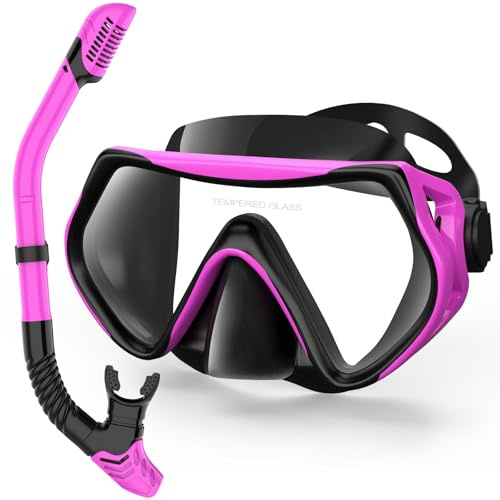 LITTLEJSY Set da snorkeling per adulti, con occhiali da snorkeling anti-appannamento e boccaglio asciutto, maschera professionale da snorkeling in vetro temperato per snorkeling (viola)