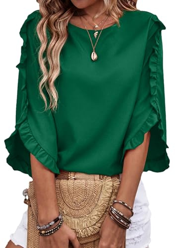 EVALESS 3/4 Length Sleeve Womens Tops Dressy Casual Blouses Cute Crewneck Ruffle Sleeve Shirts Fashion 2026 Spring Summer Outfits Business Work Tops Dark Green X-Large