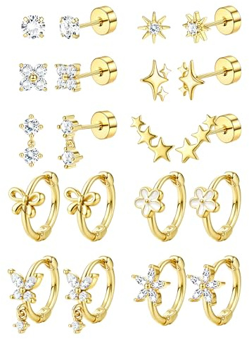 JeweBella 10 par örhängen guldset hypoallergena medicinska örhängen för damer flickor 18K guldpläterade kirurgiskt stål örhängen små creoler flatback örhängen helix tragus piercing öra silver, 6 mm x