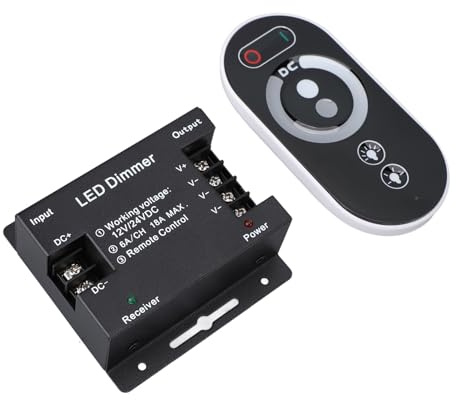 Tnfeeon Atenuador de Luz LED con Control Remoto RF, Controlador de Atenuación Continua para Tiras de Luces LED, Función de Memoria, 12 V-24 V, para Iluminación del Hogar