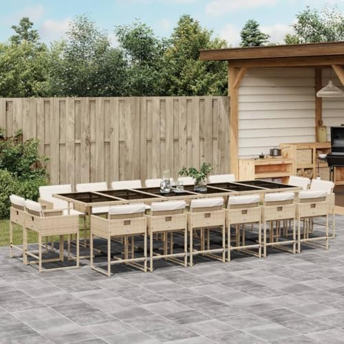 QJBSAVVA 17-TLG. Garten-Essgruppe Beige 330 x 106 x 73 cm Poly-Rattan Klappstühle mit Cremeweißen Kissen platzsparendes Balkonmöbel-Set für Terrasse Garten Kleiner Balkon Outdoor-Lounge