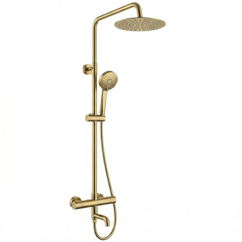 ARKO Thermostatic Mixer Shower with Bath Filler Tap, Rainfall & Handheld Shower Set, Thermostatic Bath & Shower System (Round Brass)