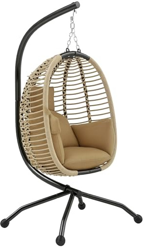 Outsunny Poltrona Sospesa a Uovo con Gancio, Cuscino Imbottito e Poggiatesta, Sedia a Dondolo da Giardino Pieghevole, Base a X in Acciaio, per Interni ed Esterni, 110x100x188 cm, Beige