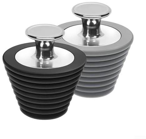 Bouchon de baignoire pour évier de salle de bain et baignoire - Noyau en acier inoxydable avec joint en silicone, noir ou gris (noir + gris)