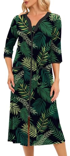 Verve Jelly Women Zipper Robes Long Bathrobe Lightweight Duster House Coat with Pockets Soft Nightgown Green Leaves XXL