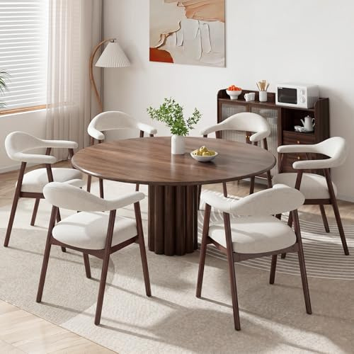 MALOL Lot de 6 chaises de Salle à Manger avec accoudoirs, Chaise rembourrée en Tissu Dossier incurvé et Pieds en Bois, Style Moderne des années 50 pour Cuisine et Salle à Manger, Beige