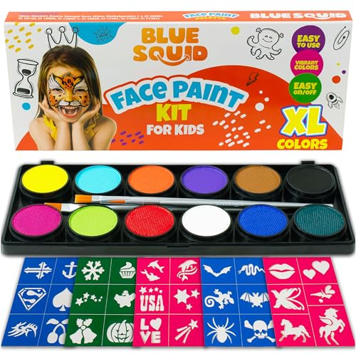 Blue Squid Kinderschminke Set Große 12, 30+3 Schablonen für Gesichtsbemalung, 120ml Körperfarben in Profiqualität, Pinsel, Anleitung, sichere Gesichtsfarbe für empfindliche Haut, Halloween Schminke