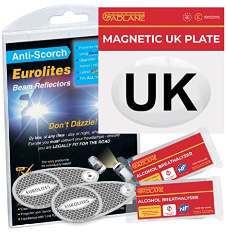 GADLANE 3 Piece Car Travel European Driving Kit - Eurolites Headlamp Beam Deflectors Adaptors Converters, Magnetic UK Plate & NF Alcohol Breathalyser, UK Identifier for Cars Driving in Europe