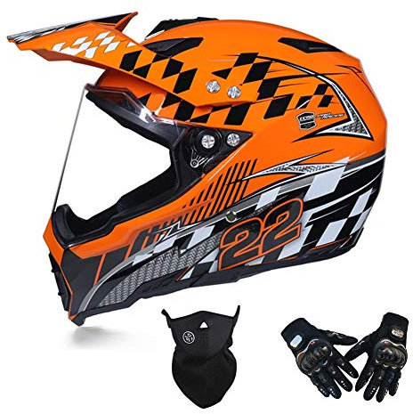 Set di Casco Moto Cross Adulto (Casco MTB Integrale/ Guanti/ Face Mask ) Casco Motocross con Visiera, Casco Downhill Enduro Off-road Scooter Sport, Ventilazione Regolabile, 3 Colori,Arancia,XXL