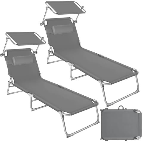 tectake 2er Set Sonnenliege - leicht und klappbar, leichte Liege für Camping und Garten, Perfekter Liegestuhl mit Dach, transportable und zusammenklappbar mit Griff