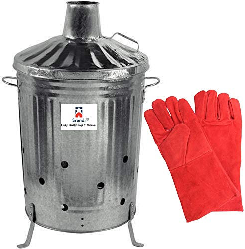 Srendi® Small Large Extra Large 15L 90L 110L Litre Metal Galvanised Garden Incinerator Fire Bin Burning Leaves Paper Wood Rubbish Dustbin with Free Red Gloves Made in U. K. (90L Incinerator)
