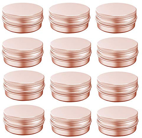 2 Ounce Aluminum Tin Jar with Screw Cap 60mL Tin Cans Refillable Containers for Cosmetic, Lip Balm, Cream, Lotion, Balms, Spices, Salve, Rose Gold 12 Pcs.