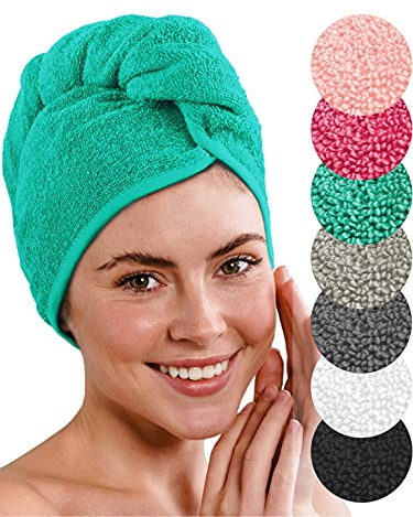 LAYNENBURG Lyxig turbanhandduk i 2 delar med knapp för kort och långt hår - 100 % bomull - snabbtorkande och absorberande turban (turkos)