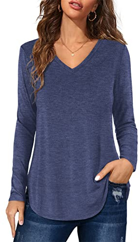 Florboom Oberteil Damen Langarm Shirts V Ausschnitt Bluse Top Basic Elegantes T-Shirt Dunkelblau L