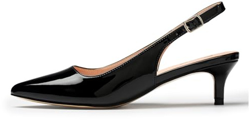 GENSHUO Women's Low Kitten Heel Slingback Ankle Strap Pump Pointed Toe Comfortable Formal Party Wedding Dress Shoes Patent Leather Black 7