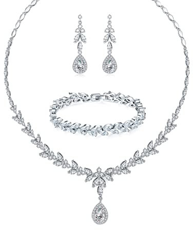 Zolkamery Hochzeit Schmuckset Damen, Silber Halskette & Armband & Ohrringe Hängend Set, Braut Schmuckset mit 5A Weiß zirkonia, Halskette Ohrhänger Armreif mit Schmuckbox für Verlobung Party