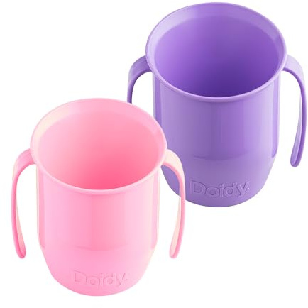 Doidy Vaso doble de 200 ml | Transición al destete (sin válvula ni boquilla) | Bebé de 3 meses en adelante | Vaso abierto con asas para beber fácilmente (rosa/lila)