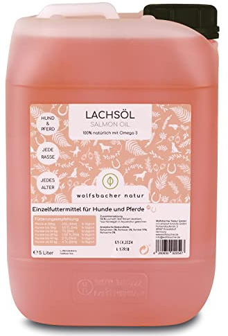 Wolfsbacher Natur - Aceite de salmón para Perros y Caballos con Omega 3 y 6 I 5 litros de Aceite Natural de salmón Noruego del Atlántico I Suplemento de Alta dosificación
