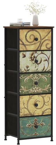 Tohomeor Small Dresser for Bedroom with Retro Flower Narrow Drawers Slim Chest of Drawers Skinny Nightstand Sofa End Table for Living Room Entryway Closet Storage (Multi, 5 Drawers)