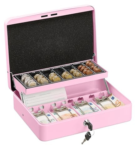 Relaxdays Caisse à Monnaie, verrouillable, monnayeur & 4 Compartiments à Billets, Fer, HLP 8,5 x 30,5 x 24,5 cm, Rose