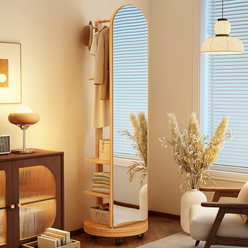 Specchio A Figura Intera con Ruote Girevoli, Specchio A Figura Intera In Legno Massello Girevole A 360° con Appendiabiti, Specchi Da Terra 2 In 1 e Appendiabiti, Per Soggiorno, Camera Da Letto