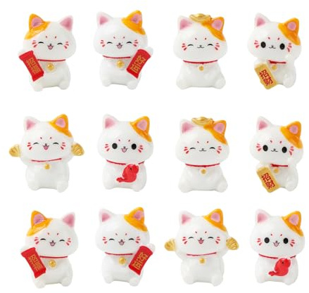 NOIAFZY 12 piezas de lindos gatos de la suerte creativos, decoración de Año Nuevo, manualidades de resina en miniatura, adornos de escritorio de coche, accesorios de micro paisaje