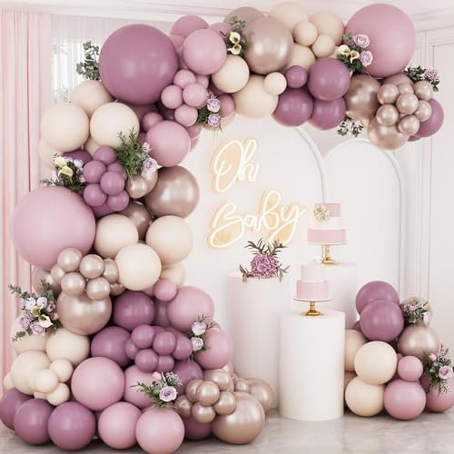 Kit Arche Ballon Roses Violets, 109 Pièces Ballons Guirlande Rose Ivoire Blanc Or Champagne Métallisé pour Decoration Anniversaire Fille Femme, Mariage Bohème, Baby Shower, Baptême, Fête Prénatale