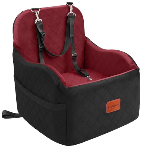 Lealchum Dog Booster Car Seat for Small/Medium Dogs,Puppy Portable Car Bed with Elevated Cushion,Fully Detachable and Washable,2 Storage Pockets,Easy to Install (Blakc/Red, Medium)