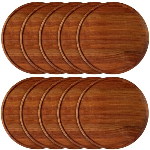 Rtteri 10 Pieces Acacia Round Wood Plates 14 x 0.6 Inch Dinner Plates Wooden Charger Platter Bulk Easy Cleaning Lightweight Serving Tray for Dishes Snack Dessert