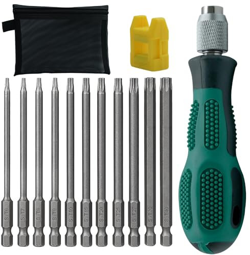 JASFLY 12 Pezzi Cacciaviti Torx 75mm, Cacciavite Torx Magnetiche, 1/4 Pollice Tipo T6-T40, con Manico e Sacchetto di Stoccaggio