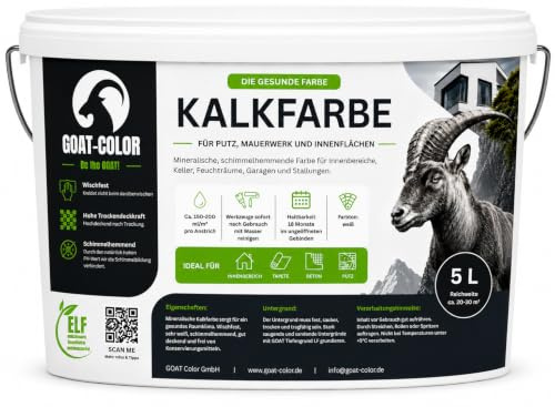 GOAT Kalkfarbe Weiß 5 Liter – Hochdeckend, Schimmelhemmend & Diffusionsoffen – Natürlich, Lösemittelfrei, Wasserbasiert & Wischfest – Strahlend Weiß für Gesundes Raumklima
