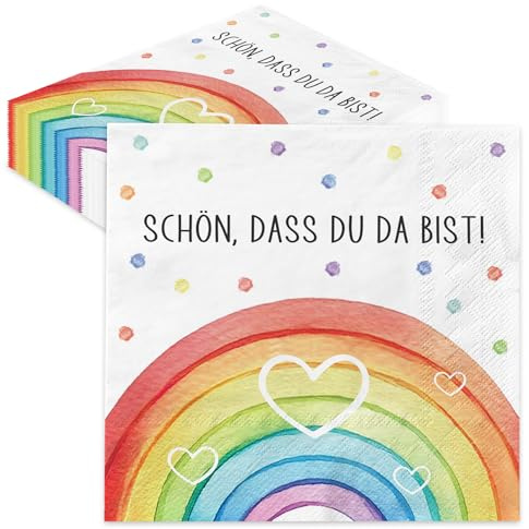 30 Stück Servietten Schön Dass Du Da Bist, Tischdeko für Geburtstag Frau, Hochzeit, Einschulung, Taufe, Babyparty, Kindergeburtstag Deko Mädchen, Papierservietten mit Bunt Regenbogen Motiv
