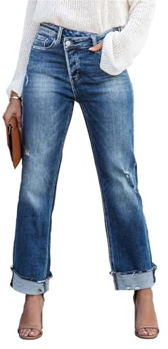 NELEZH Jean Taille Haute Croisé for Femme Jean Tendance Pantalon en Denim Extensible Effet Vieilli(Large)