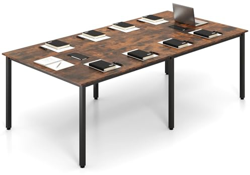 COSTWAY Konferenztisch 240 x 120 cm, Besprechungstisch für 8-10 Personen, Bürotisch mit 2 Kabeldurchführungen & Metallrahmen, rechteckiger Seminartisch für Büro, Konferenzraum, Rustikal Braun