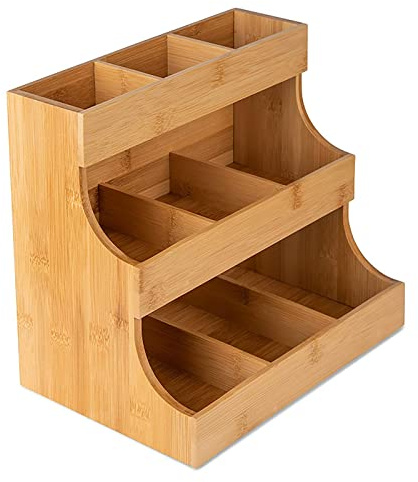 JINGYAN Tarros para guardar té Organizador vertical de bolsas té Soporte bambú Paquetes azúcar Caja almacenamiento cremas para el hogar Oficina Cocina Café