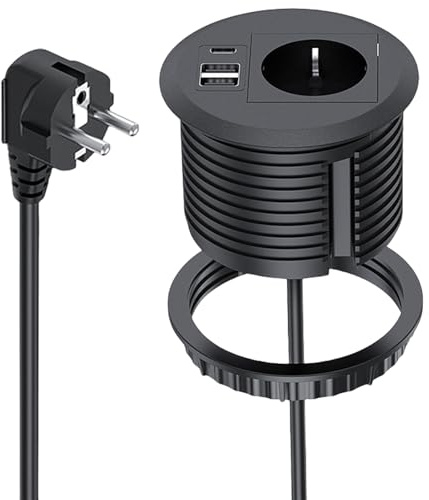 Prise encastrée avec USB, prise de table avec USB C PD20W, prise encastrée avec 2 USB et câble d'alimentation de 1,7 m, prise de bureau pour trou de table de 80 mm