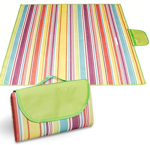 JRTYMLU Coperta Pic Nic Impermeabile 200 x 200cm,Telo Picnic Impermeabile Resistente Alla Sabbia Alle Macchie,Extra Grande,per Campeggio,Trekking,Montagna,Viaggi (Strisce Colorate)