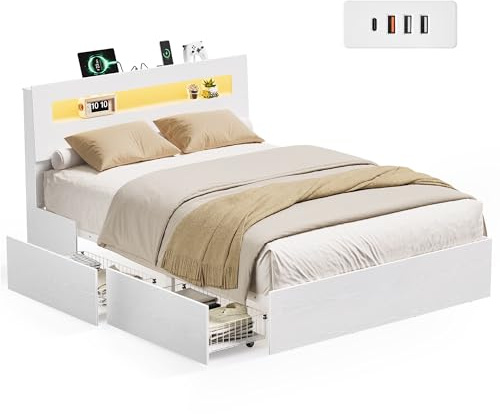 VASAGLE Lit Double, Cadre de Lit 140 x 190 avec sommier,Bois Massif,Moderne,avec LED, Multiprise,Blanc Mat RMB953W01V2