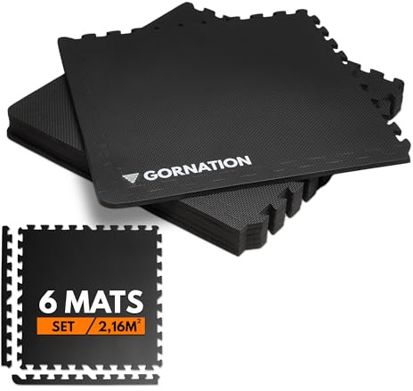 GORNATION Tapis Salle de Sport, Sol Salle de Sport Antidérapant, Emboitable, Amortissant. Idéal pour Home Gym, Fitness, Musculation et Protection des Sols, Matériau EVA (Noir, Set de 6)
