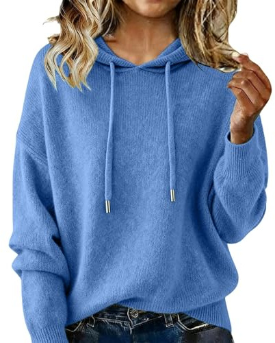 Suéter de cachemira con capucha para mujer, de manga larga, ligero, suave, de lana, suéter de punto con capucha para mujer, azul, S