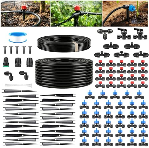 YAOBLUESEA Kit de Riego por Goteo 101 Piezas con Compensación de Presión, Tubos 15m PVC+PE+PP, 4 Modos, para Jardín Huerto Serre